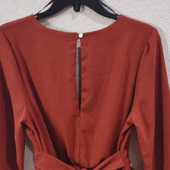 Altar'd State Rust Long Sleeve Peplum Jumpsuit. - Picture 9 of 17